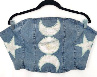 Moon Phase Denim Corset (XL) | Strapless Crop Jean Top | Celestial Moon Phase Stars  | Patchwork Witch Witchy Mystical