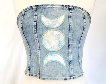 Moon Phase Denim Corset (M) | Strapless Crop Jean Top | Celestial Moon Phase Stars  | Patchwork Witch Witchy Mystical