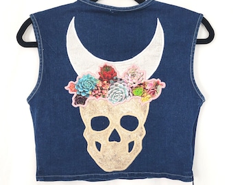 Skull Moon Denim Top (M) | Tank Crop Jean Bustier | Celestial Moon Succulent Flower | Patchwork Witch Witchy Mystical