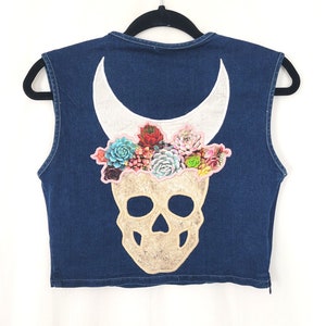 Skull Moon Denim Top M Tank Crop Jean Bustier Celestial Moon Succulent Flower Patchwork Witch Witchy Mystical image 1