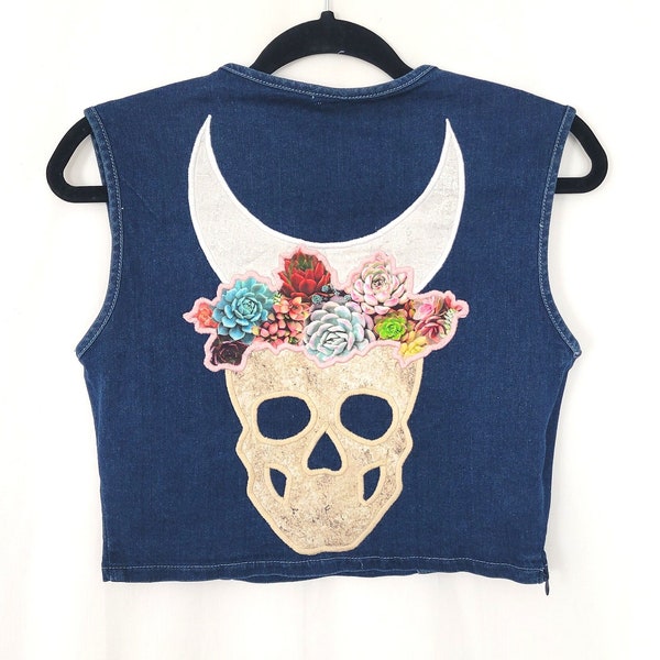 Skull Moon Denim Top (M) | Tank Crop Jean Bustier | Celestial Moon Succulent Flower | Patchwork Witch Witchy Mystical