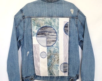 Abstract Art Jean Jacket (L) | Geometric Stained Glass Denim Coat | Patchwork Up-cycled Frank Lloyd Wright |  Festival Fashion Distressed