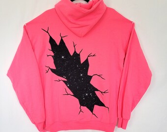 Space Tear Hoodie (L) | Hot Pink Neon Space Galaxy Rip Nexus Psychedelic Trippy | Black Pink | Hooded Sweatshirt