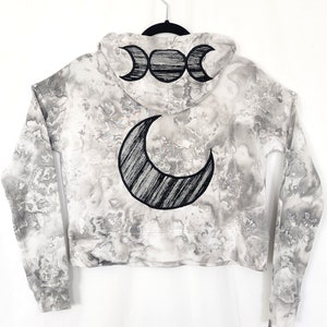 Tie Dye Moon Phase Hoodie S Upcycled Cropped Sweatshirt Grey Neutral Minimal Triple Moon Lunar Phases Crescent Moon Boho Hippie image 1