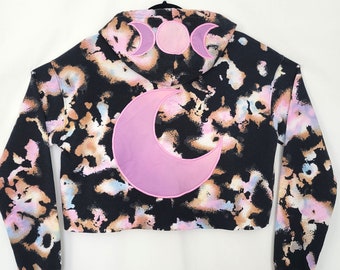 Tie Dye Moon Phase Hoodie (M) | Upcycled Cropped Sweatshirt | Pink Purple Rainbow | Triple Moon Lunar Phases Crescent Moon | Boho Hippie