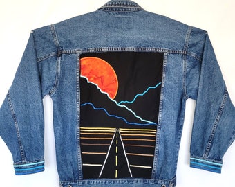 Mountain Moon Roadtrip Jacket (S) | Dark Denim Night Sky | Synth wave Jean Coat | Retro 80's Synth-wave | Neon Desert