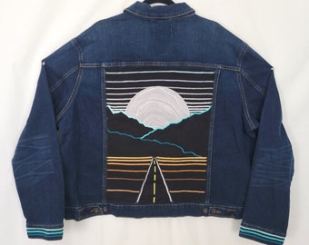 Mountain Moon Roadtrip Jacket (XL) | Dark Denim Night Sky | Synth wave Jean Coat | Retro 80's Synth-wave | Neon Desert