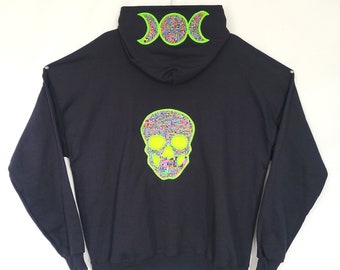 Glitch Skull Hoodie (2X) | Glitchy Skull Moon Phases Black Hooded Sweatshirt | Triple Moon Rainbow Neon Green