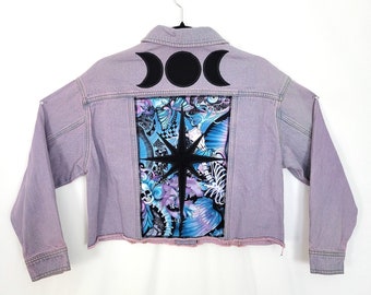 Lilac North Star Denim Jacket (M) | Cropped Moon Phases Celestial Skull Goth Cropped Jean Coat | Witch Witchy Boho Hippie Mystical