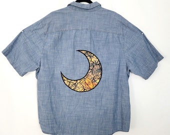 Crescent Moon Chambray Shirt (XXL) | Lightweight Summer Shirt Moon Lunar Phase Jean Short Sleeve | hippie boho | Button down collared top