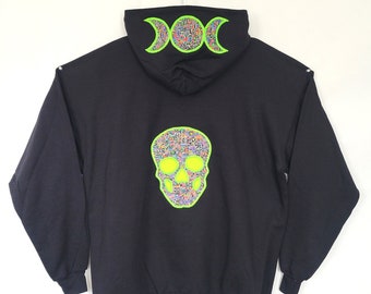 Glitch Skull Hoodie (XL) | Glitchy Skull Moon Phases Black Hooded Sweatshirt | Triple Moon Rainbow Neon Green