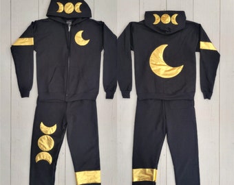 Gold Moon Phase Sweat Set Hoodie | Black  Zip Up Men's Small Sweatshirt | Metallic | Lunar Phases Crescent Moon Loungewear Athleisure Rave