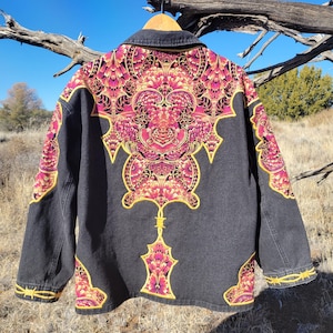 Black Denim Shacket (S) | Psychedelic Chore Coat Embroidered