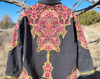 Black Denim Shacket (S) | Psychedelic Chore Coat Embroidered