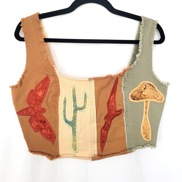 Desert Denim Bustier (L) | Tank Crop Jean Top| Snake Moth Cactus Mushroom Moth Snake | Patchwork Witchy | Light Weight Tan Olive Rust Tattoo