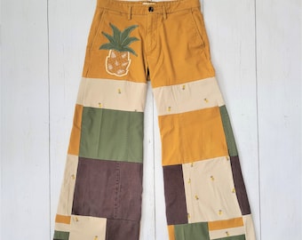 Pineapple Patch Pants (S/M) | Wide Leg Y2K Jeans | Super Wideleg Random Patchwork Trousers | upcycled pants | up-cycled earthtone handmade