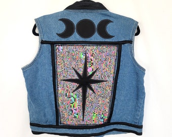 Vintage Glitch North Star Vest (L) | Celestial Moon Phase Denim Vest | Patchwork Up-cycled Mystical Retro VHS Static