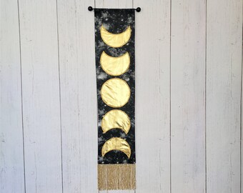Tapestry Wall Hanging | Moon Home Decor | Lunar Phase Black & Gold, Metallic Wall Art | Celestial Boho Hippie Witch New Age Tapestry