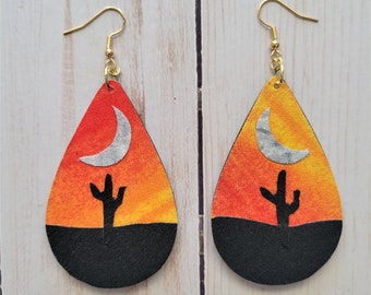 Sunset Cactus Fabric Collage & Wood Dangle Earrings | lightweight textile jewelry- Artisan. Boho, hippie, desert, new age- gift for her