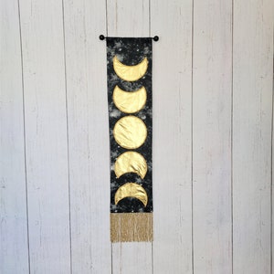 Tapestry Wall Hanging Moon Home Decor Lunar Phase Black & Gold, Metallic Wall Art Celestial Boho Hippie Witch New Age Tapestry image 1
