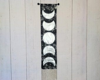 Tapestry Wall Hanging | Moon Home Decor | Lunar Phase Black & Silver, Metallic Wall Art | Celestial Boho Hippie Witch New Age Tapestry