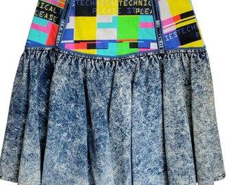 TV Test Denim Skirt (M) | Jean Mini Skit | Acid Wash Neon Retro | Stone wash upcycled up-cycled skirt | Yoked 80&#39;s Static VHS