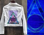 White Denim Jacket Neon Pyramid Geometric Back Patch Psychedelic Patchwork Burner Dead Head Dreampop Synthpop Black light
