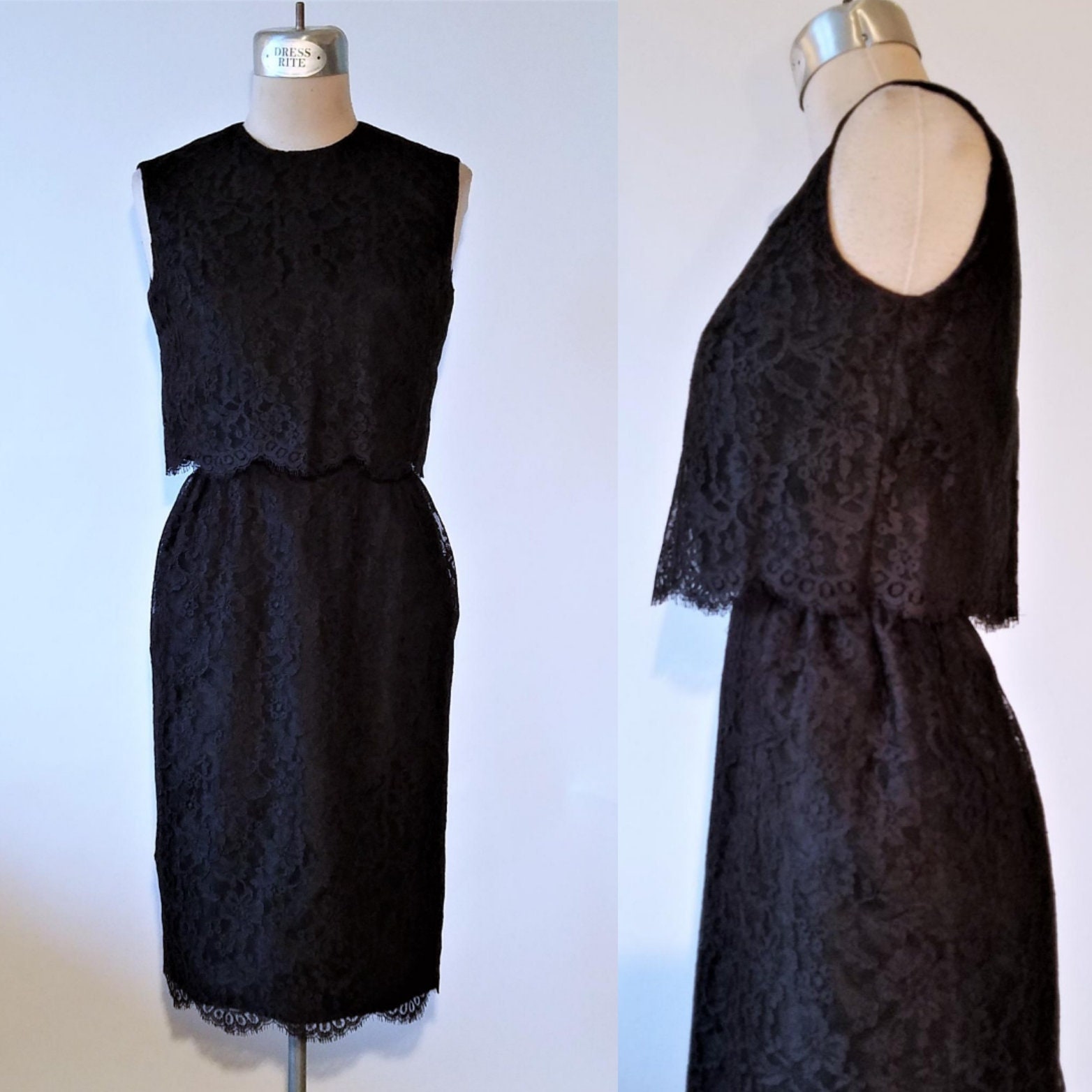 Vintage Lace LBD Cocktail Dress - 1960's Sleeveless Below