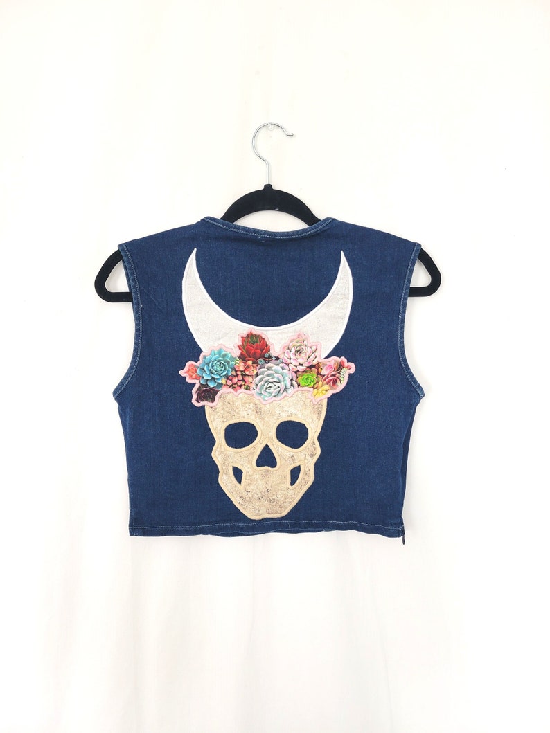 Skull Moon Denim Top M Tank Crop Jean Bustier Celestial Moon Succulent Flower Patchwork Witch Witchy Mystical image 1