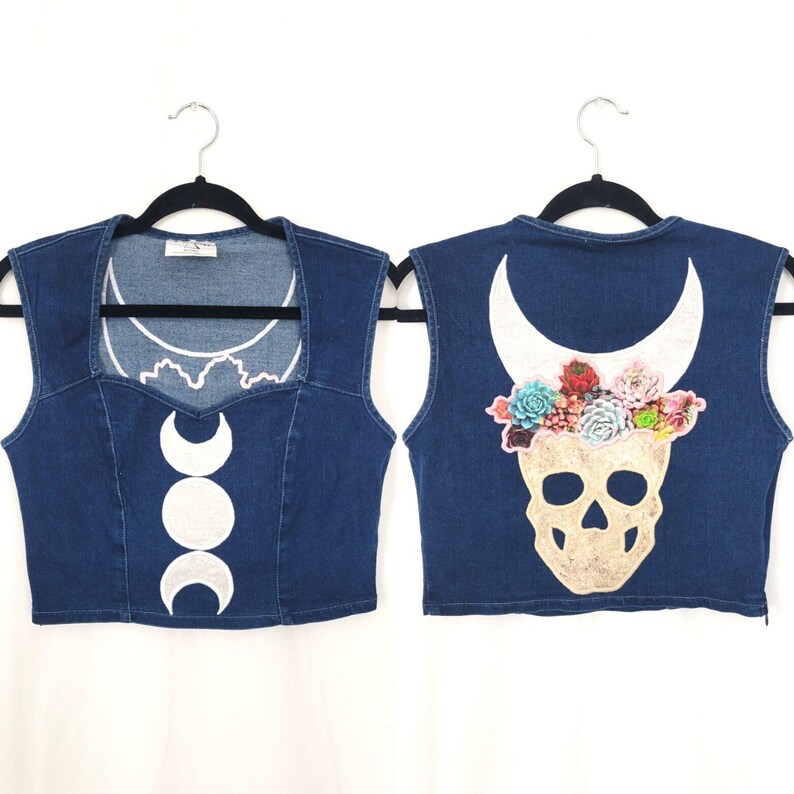 Skull Moon Denim Top M Tank Crop Jean Bustier Celestial Moon Succulent Flower Patchwork Witch Witchy Mystical image 2