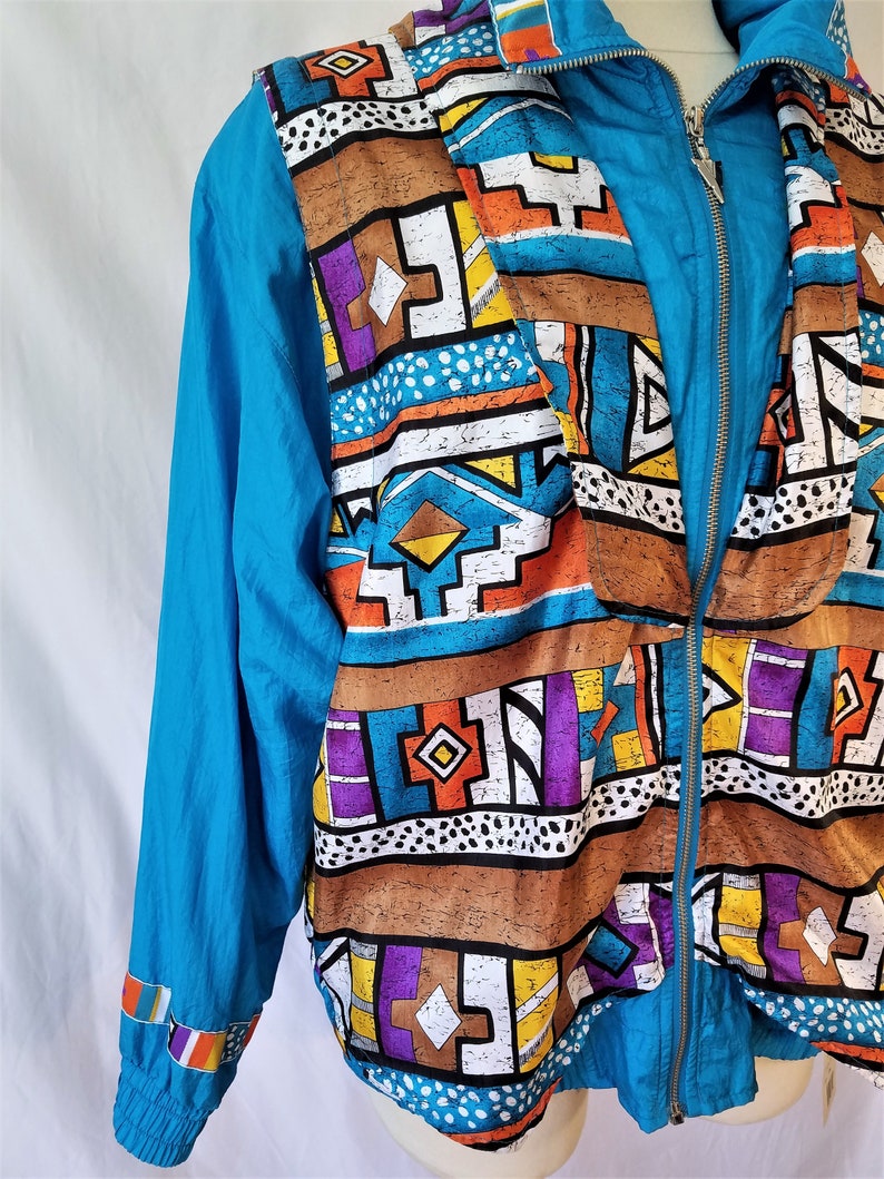 Deadstock petite large Southwest Inspired Windbreaker with tags Turquoise Geometric Track Jacket New Mexico Arizona MediumLarge