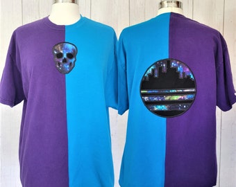 Two Tone T-shirt (XL) | Split Y2K Skull Tshirt | Synthwave Space City scape | Mismatched- mis match | half and half Street Style Blue Purple