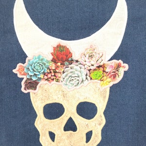 Skull Moon Denim Top M Tank Crop Jean Bustier Celestial Moon Succulent Flower Patchwork Witch Witchy Mystical image 10