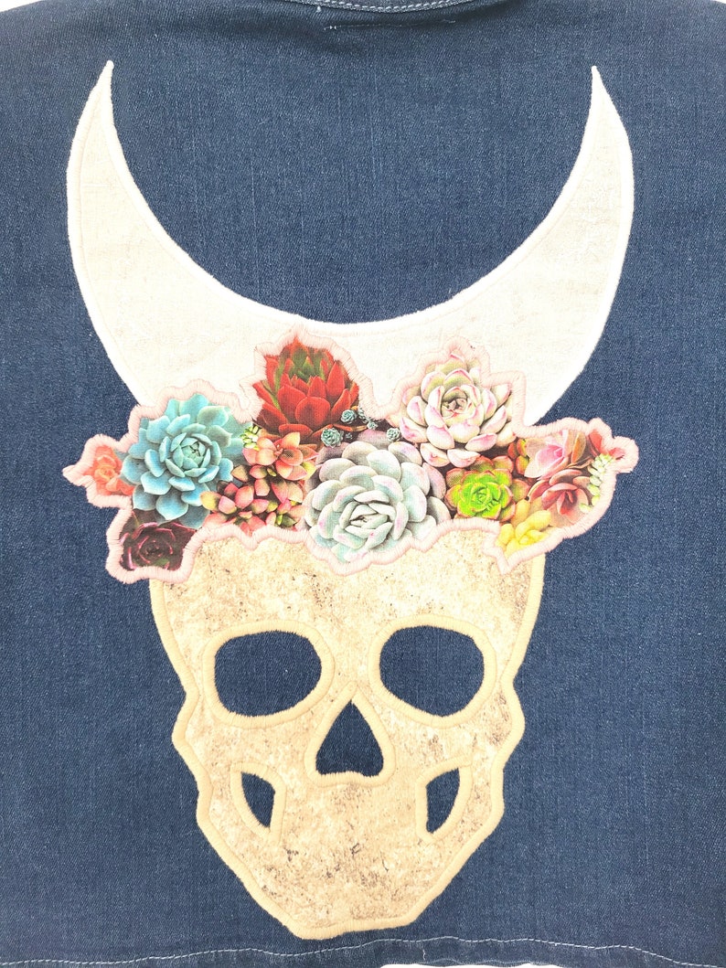 Skull Moon Denim Top M Tank Crop Jean Bustier Celestial Moon Succulent Flower Patchwork Witch Witchy Mystical image 10