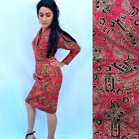 Silk Cocktail Dress – Long Sleeve Asian Print – Fi