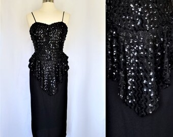 Sequin Peplum Cocktail Dress - LBD Sweetheart, Spaghetti Strap, Midi Pencil Skirt, Sexy Night Life Club Rehearsal Dinner Engagement Party