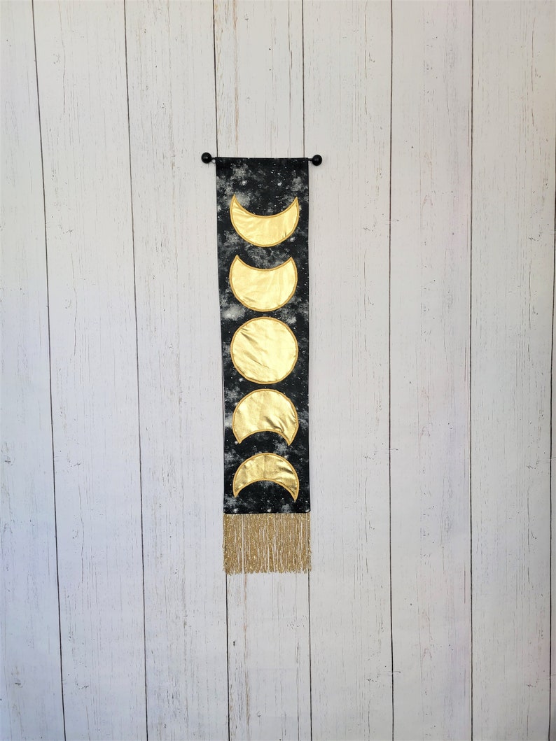 Tapestry Wall Hanging Moon Home Decor Lunar Phase Black & Gold, Metallic Wall Art Celestial Boho Hippie Witch New Age Tapestry image 1