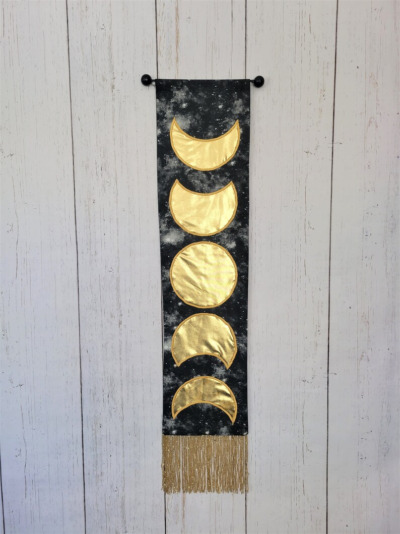 Tapestry Wall Hanging Moon Home Decor Lunar Phase Black & Gold, Metallic Wall Art Celestial Boho Hippie Witch New Age Tapestry image 2