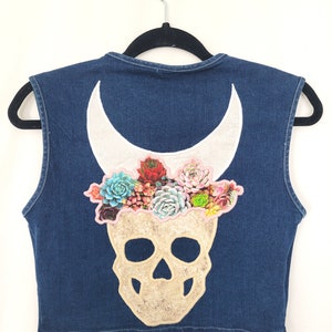 Skull Moon Denim Top M Tank Crop Jean Bustier Celestial Moon Succulent Flower Patchwork Witch Witchy Mystical image 4