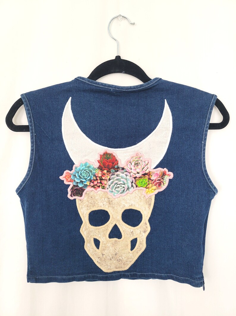 Skull Moon Denim Top M Tank Crop Jean Bustier Celestial Moon Succulent Flower Patchwork Witch Witchy Mystical image 4