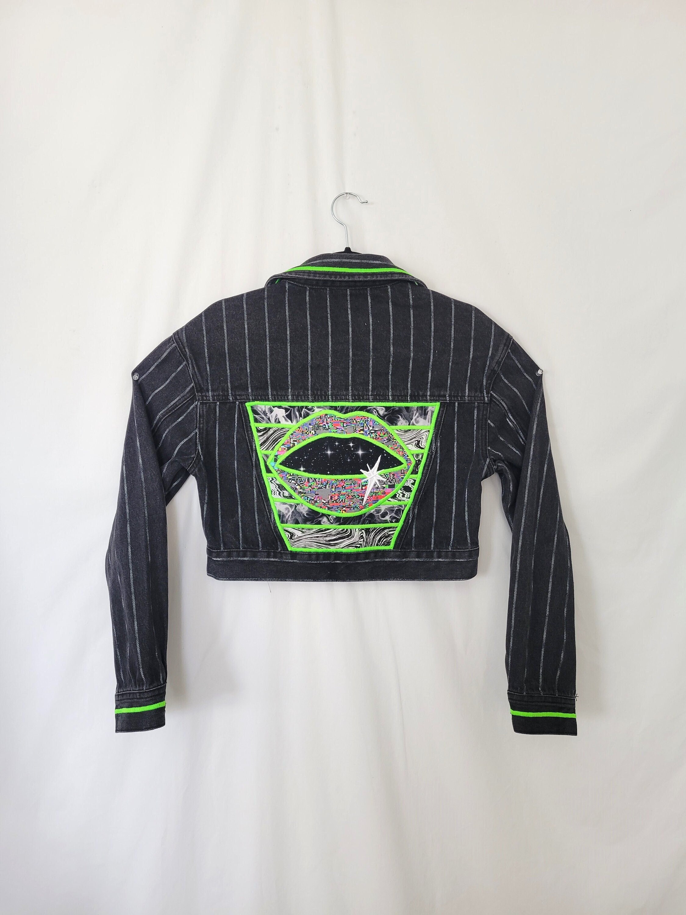 Neon Lips Jacket XS S Space Kiss Cropped Denim Coat Cyber Witch Cyper Goth Graphic Black Light Etsy