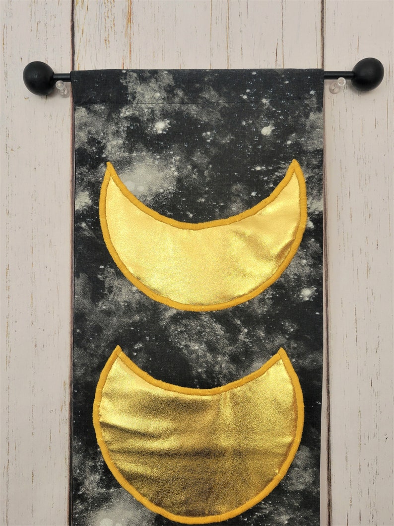 Tapestry Wall Hanging Moon Home Decor Lunar Phase Black & Gold, Metallic Wall Art Celestial Boho Hippie Witch New Age Tapestry image 4