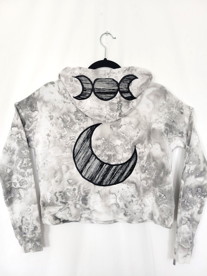 Tie Dye Moon Phase Hoodie S Upcycled Cropped Sweatshirt Grey Neutral Minimal Triple Moon Lunar Phases Crescent Moon Boho Hippie image 9