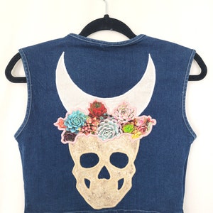 Skull Moon Denim Top M Tank Crop Jean Bustier Celestial Moon Succulent Flower Patchwork Witch Witchy Mystical image 8