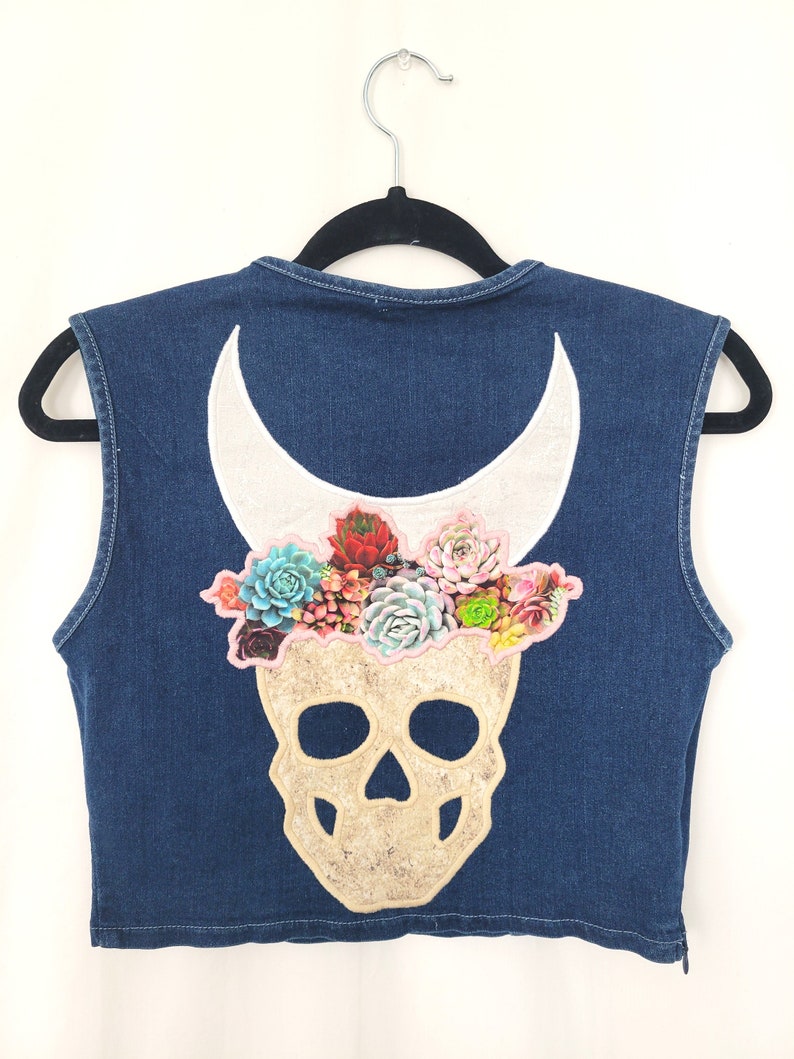 Skull Moon Denim Top M Tank Crop Jean Bustier Celestial Moon Succulent Flower Patchwork Witch Witchy Mystical image 8