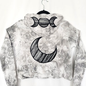 Tie Dye Moon Phase Hoodie S Upcycled Cropped Sweatshirt Grey Neutral Minimal Triple Moon Lunar Phases Crescent Moon Boho Hippie image 4
