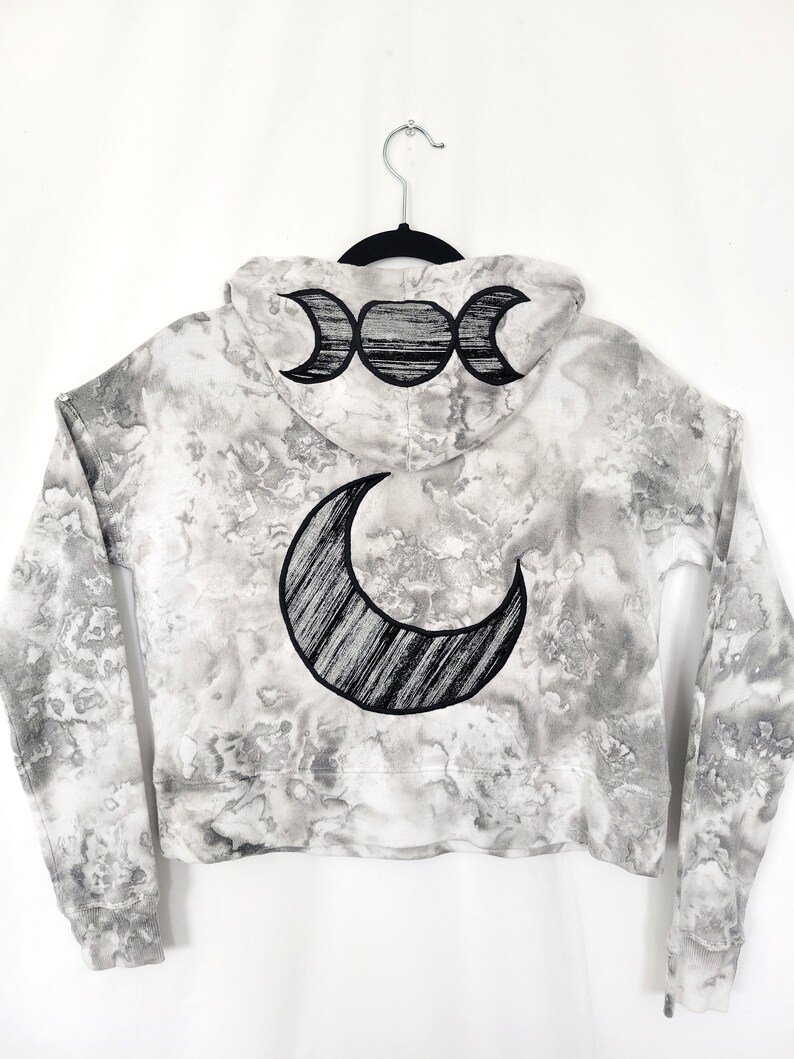 Tie Dye Moon Phase Hoodie S Upcycled Cropped Sweatshirt Grey Neutral Minimal Triple Moon Lunar Phases Crescent Moon Boho Hippie image 4
