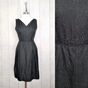Black Cocktail Dress | 1960s Vintage Retro Party | Gothic Bombshell Sleeveless V Neckline Swirl Brocade | Mid Century Formal Eveningwear