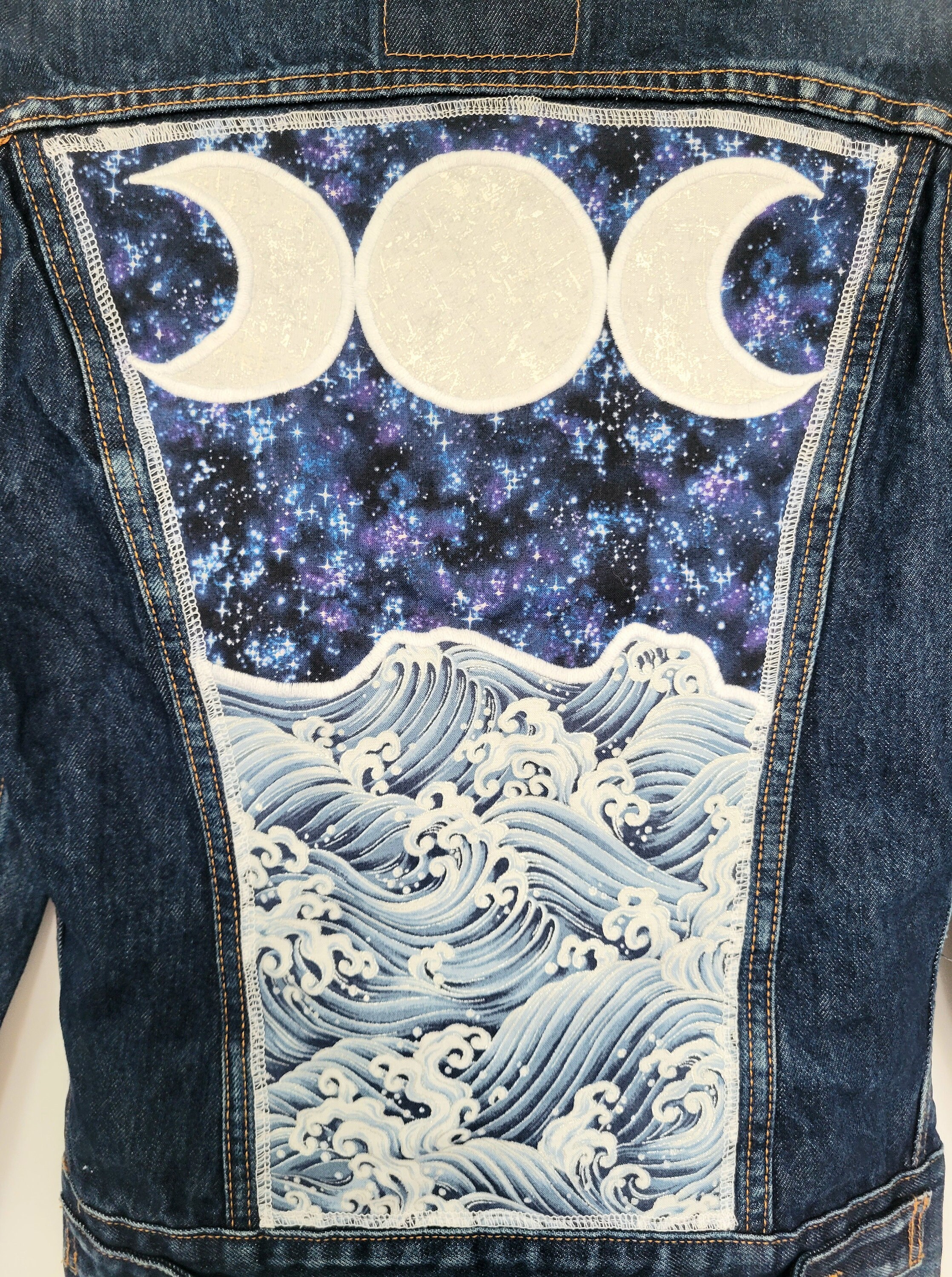 Moon Denim Jacket (XS) | Crescent Moon Phases & Ocean Jean