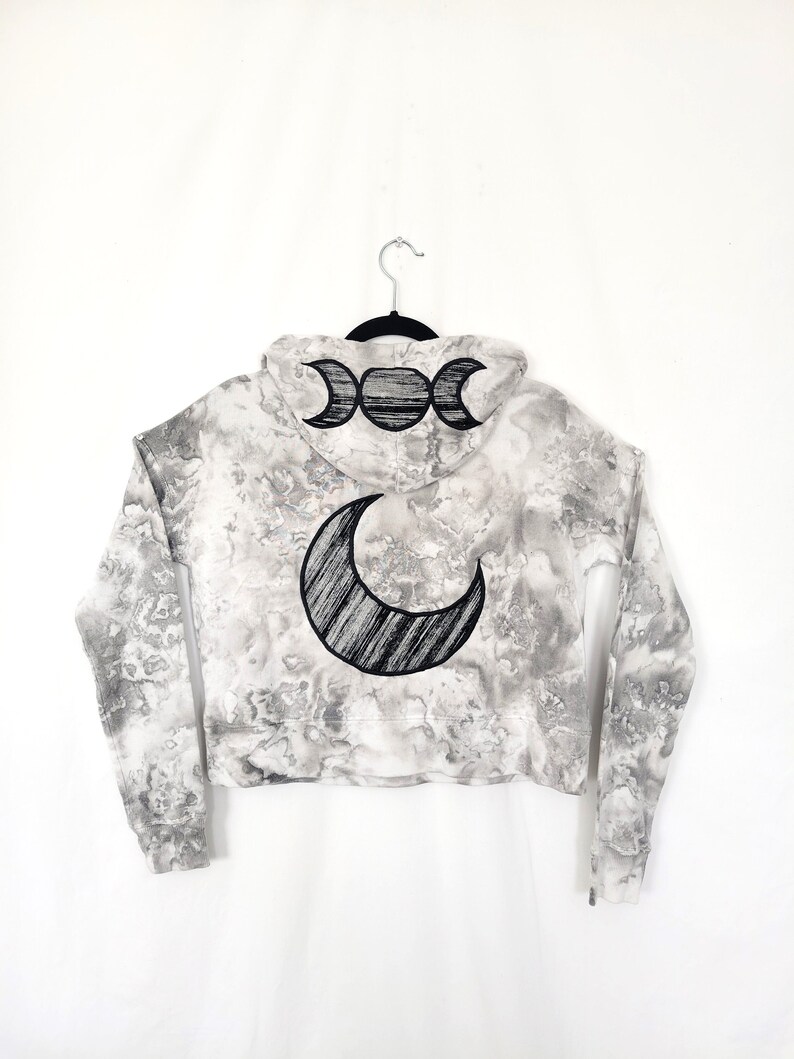 Tie Dye Moon Phase Hoodie S Upcycled Cropped Sweatshirt Grey Neutral Minimal Triple Moon Lunar Phases Crescent Moon Boho Hippie image 1